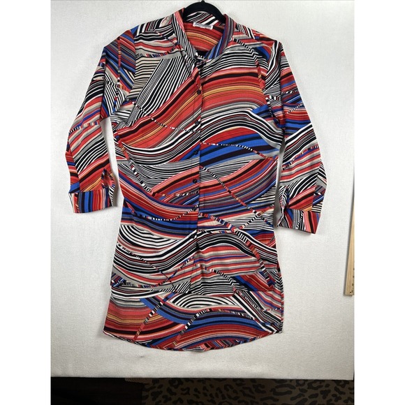 Mishca High Low Blouse Multicolor Striped Button Down Long Slv Women's Large - Picture 2 of 9